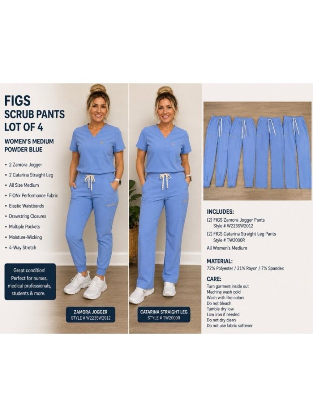 FIGS Scrub Pants Lot of 4 Women’s M Powder Blue Zamora & Catarina